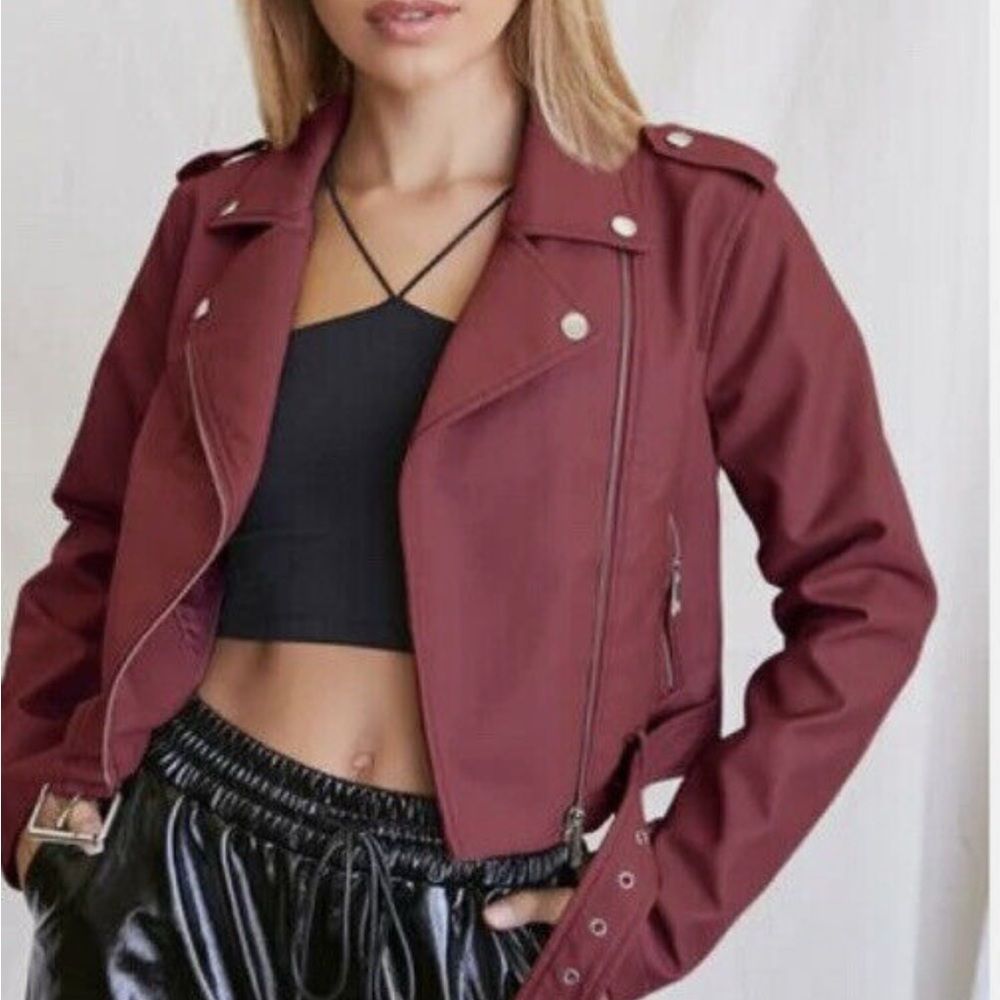 Forever 21 Wine Burgundy Leather Zip Up Moto Jacket